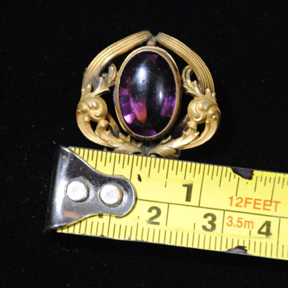 Antique Art Nouveau Gold-plated Brooch with Amethyst Glass and Watch Loop - Picture 8 of 8